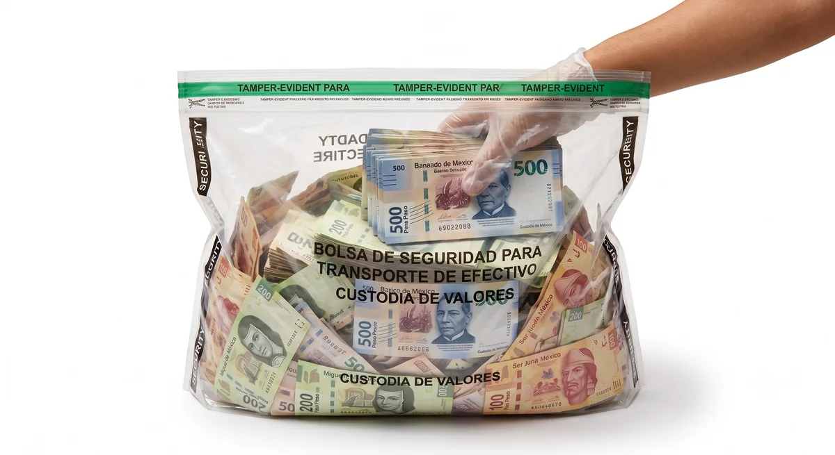Bolsa de seguridad con sello antimanipulación, folio y código de barras