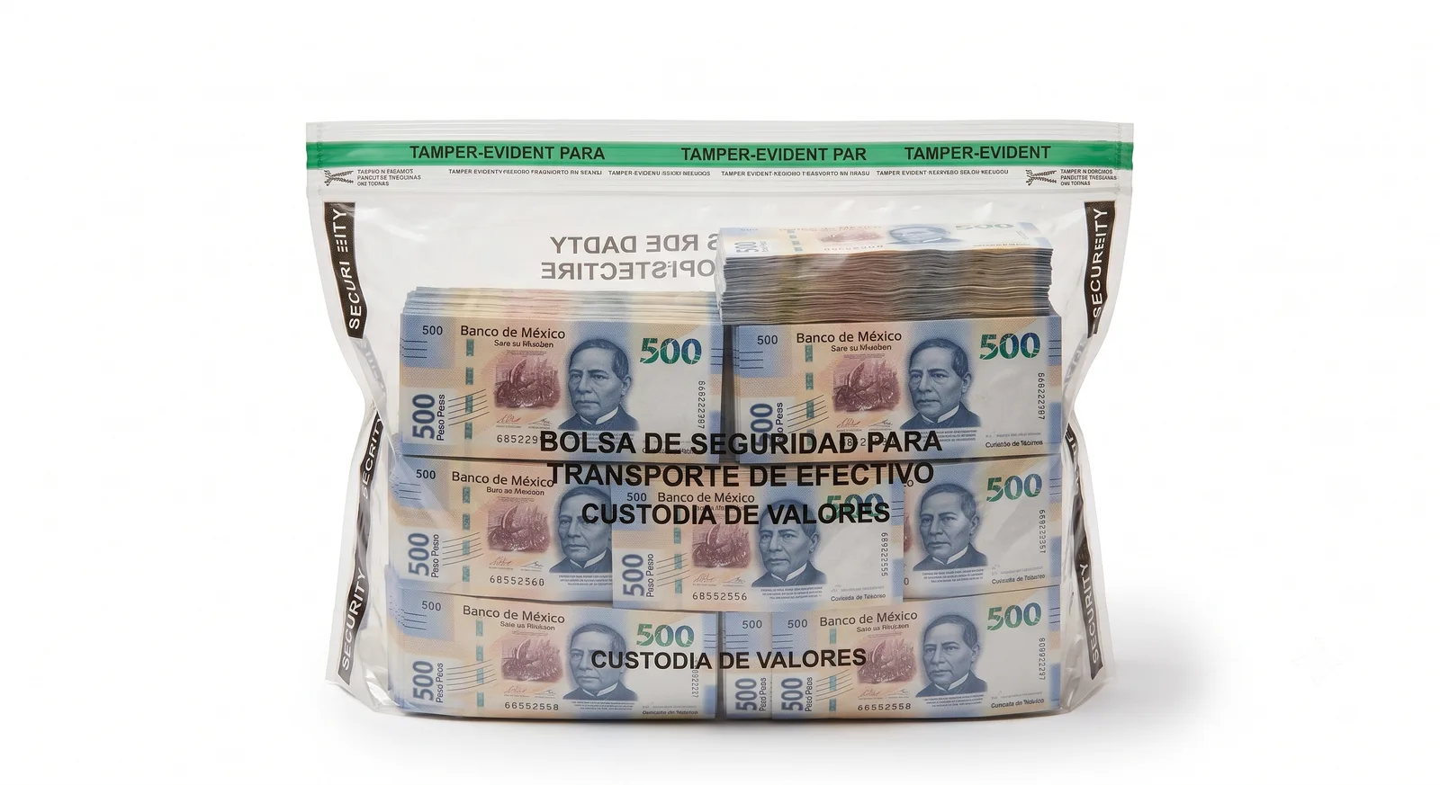 Transparent security bag with Mexican banknotes and tamper-evident seal